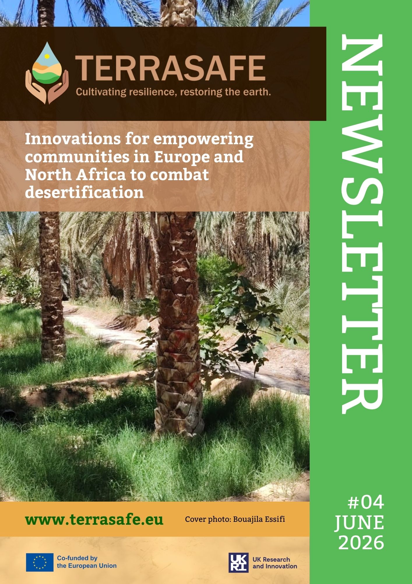 Alt text: "Newsletter cover titled 'TERRASAFE' with a palm tree oasis image. Text reads: 'Empowering communities in Europe and North Africa to combat desertification.' June 2026 edition."